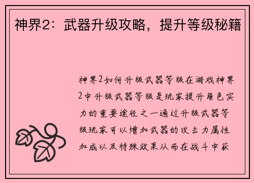 神界2：武器升级攻略，提升等级秘籍